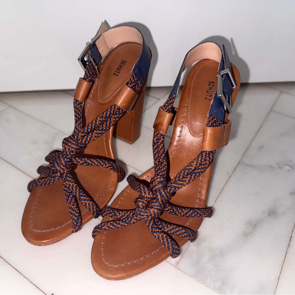 SCHUTZ Tan and Navy Strappy Heels